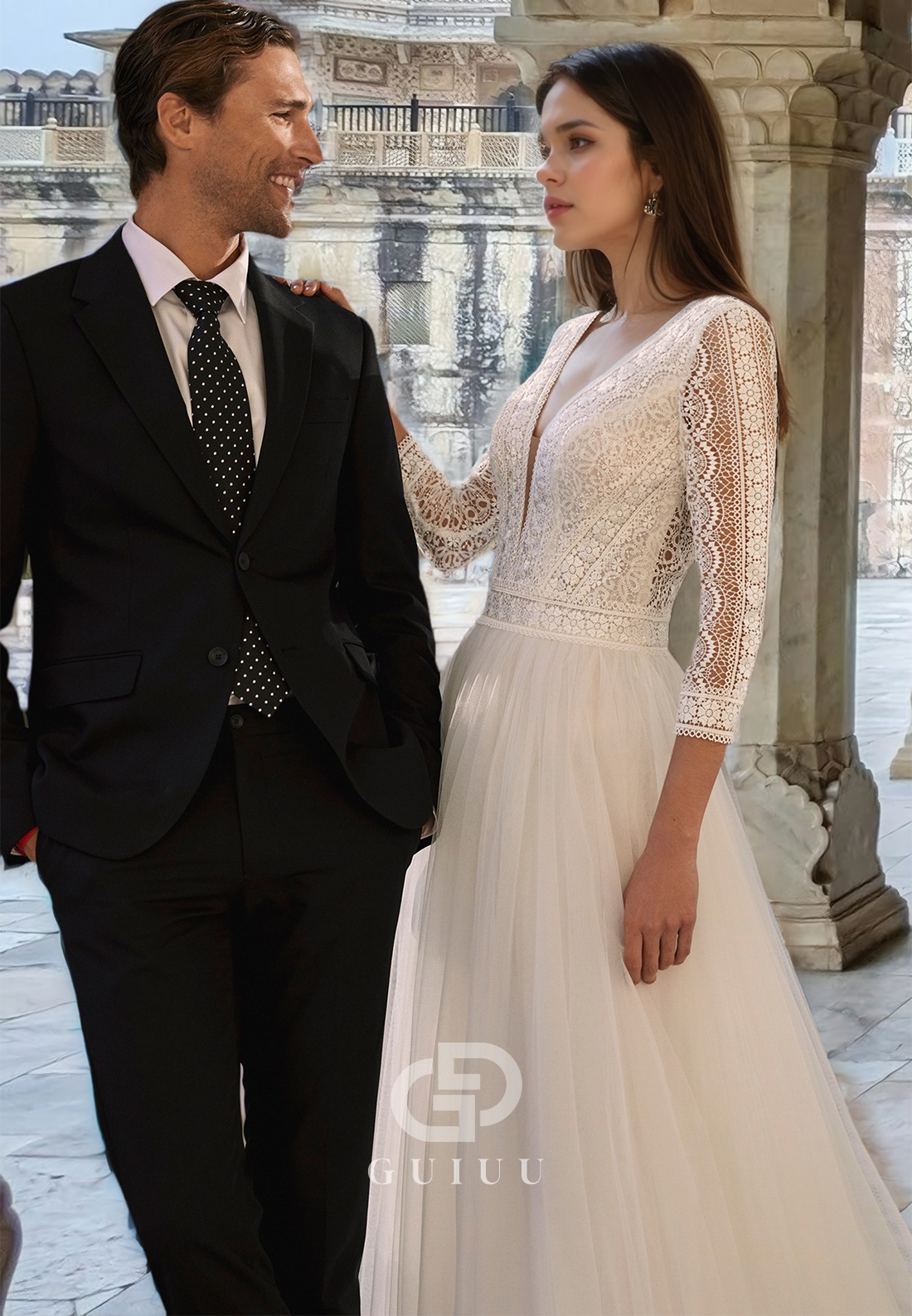 Elegant Long Sleeves V-Neck Backless Sweep Train Empire-Waist Boho Wedding Dress