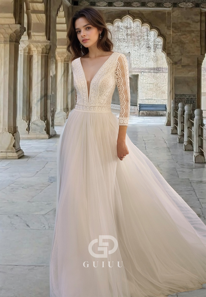 Elegant Long Sleeves V-Neck Backless Sweep Train Empire-Waist Boho Wedding Dress