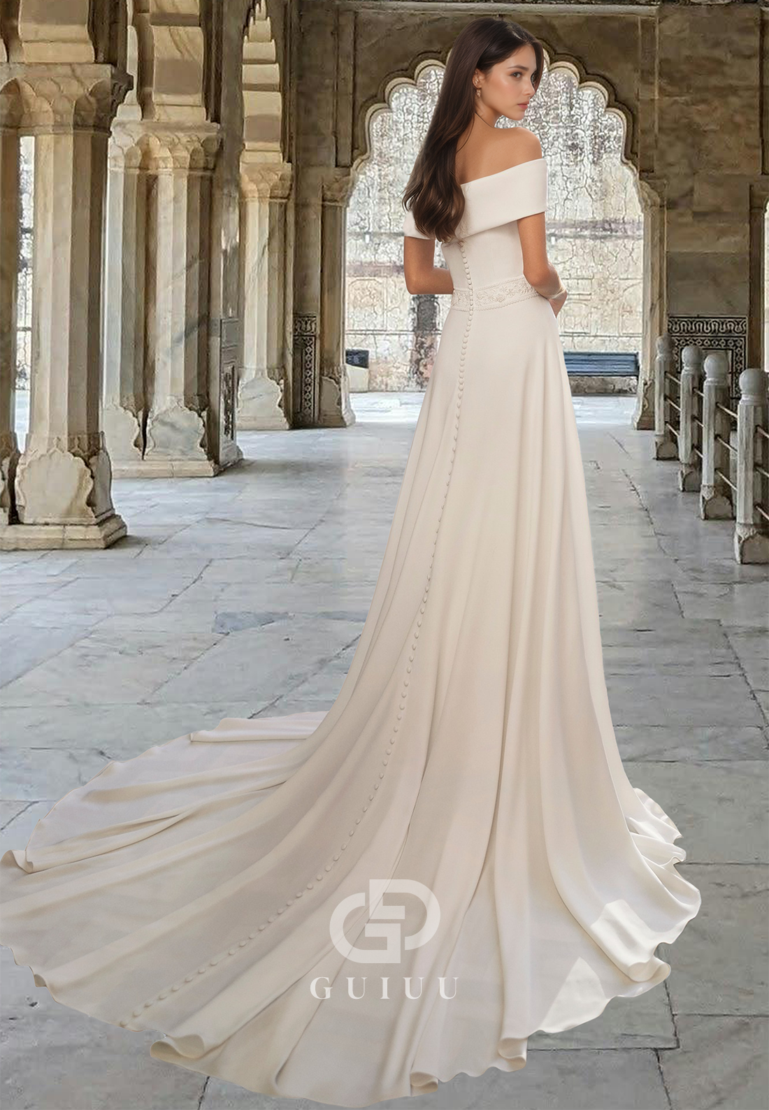 Simple Long Sleeves Off-Shoulder Empire-Waist Court Train Satin Wedding Dress