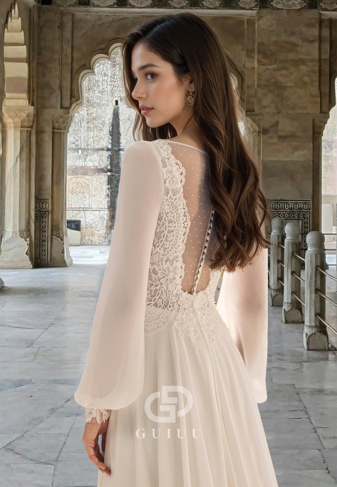 Elegant Long Sleeves V-Neck Lace Corset Sweep Train Backless Boho Wedding Dress