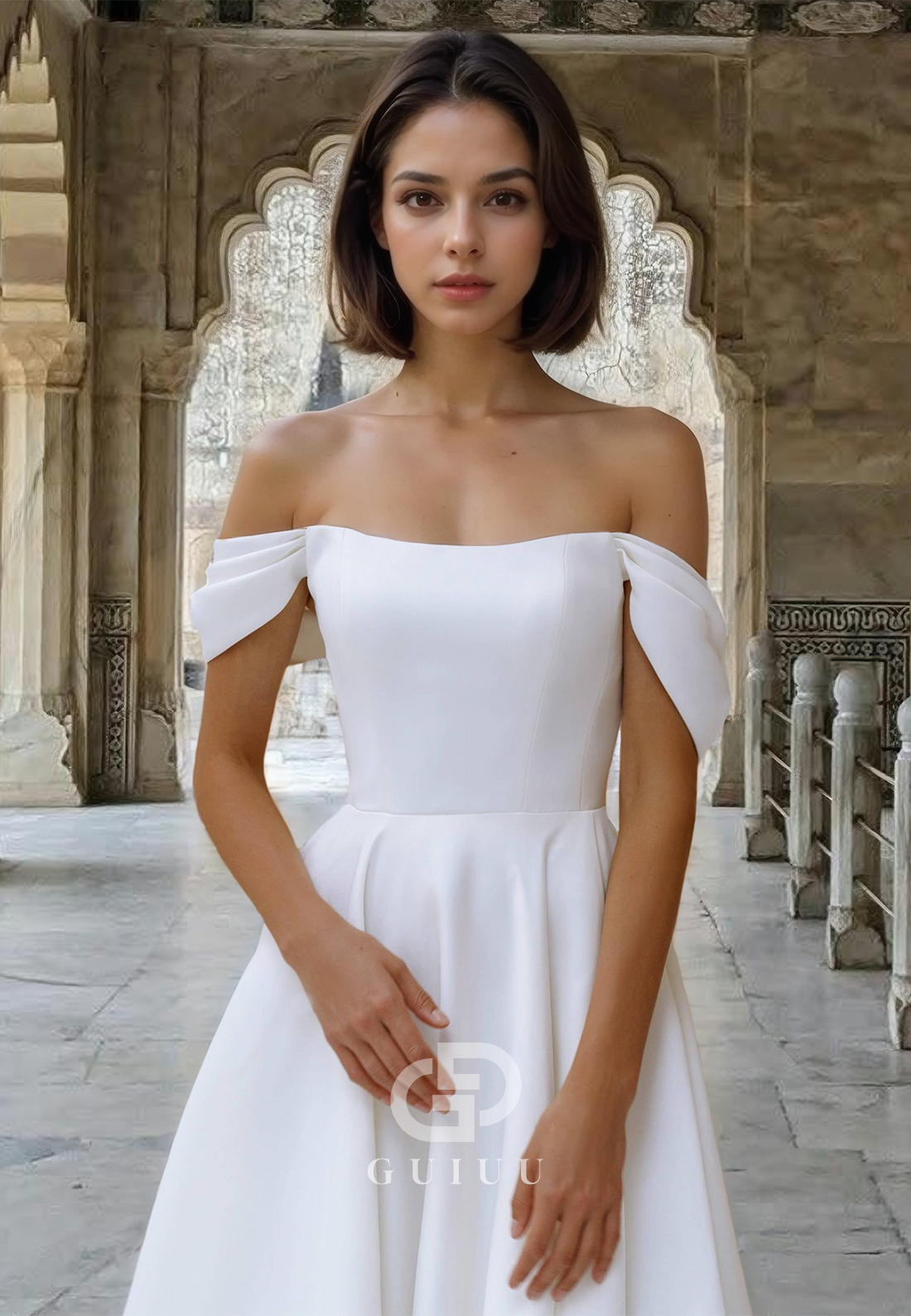 A-Line Off-Shoulder Cap Sleeves Empire-Waist Knee-Length Satin Wedding Dress