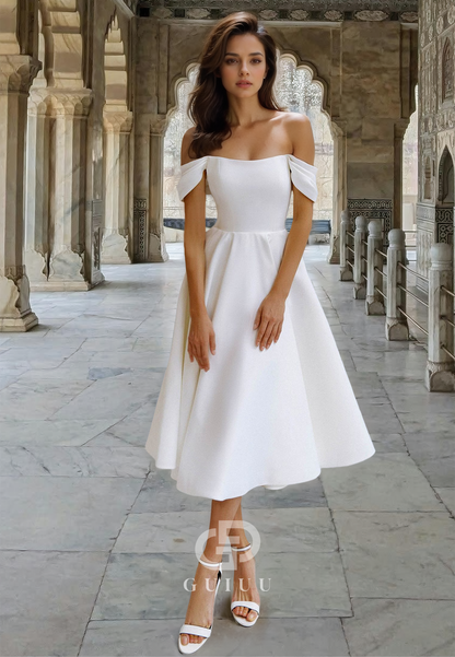 A-Line Off-Shoulder Cap Sleeves Empire-Waist Knee-Length Satin Wedding Dress