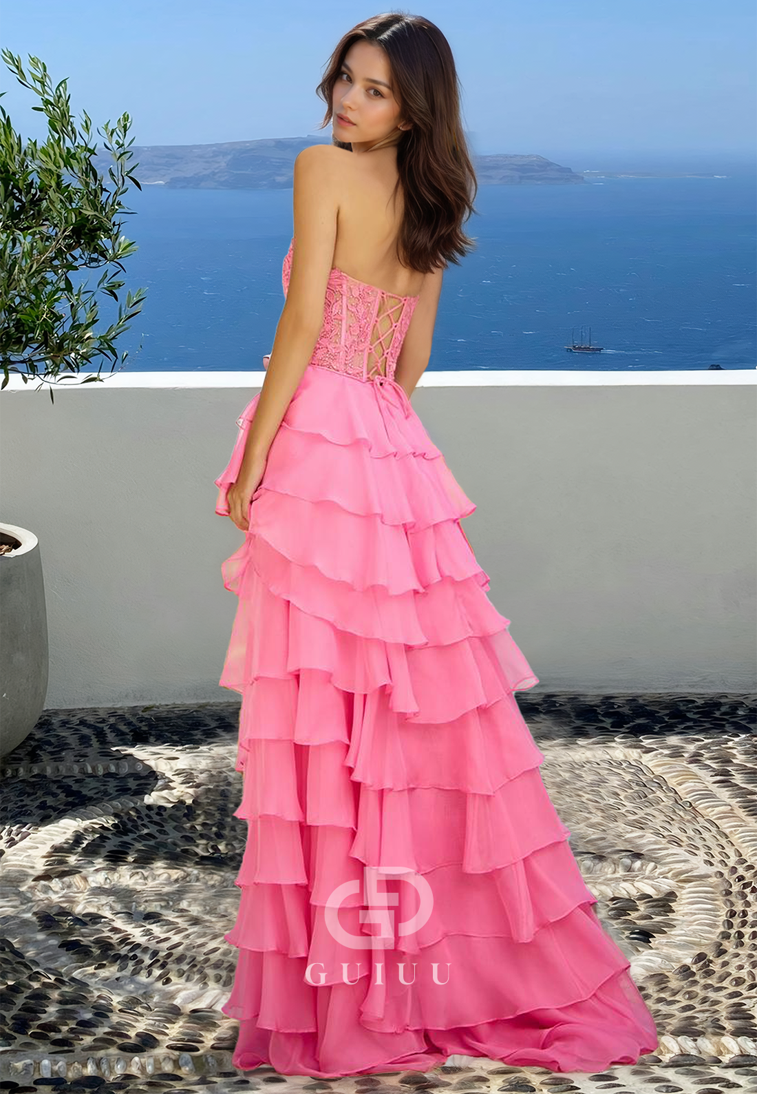 Pink Strapless Sleeveless Prom Dress with Ruffles Slit Corset Tulle Evening Party Dress