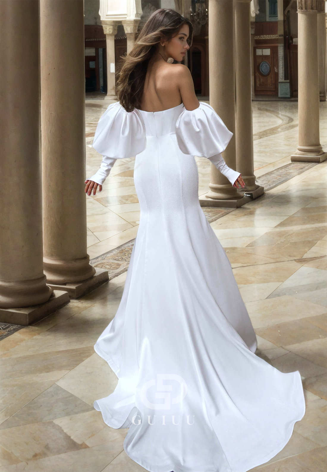 Simple A-Line Long Sleeves Sweep Train Empire-Waist Ruched Satin Wedding Dress