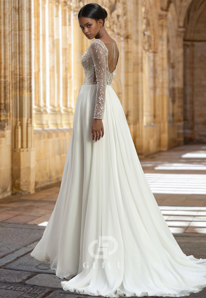 Charming Lace Long Sleeves V-Neck Backless Sequins Satin Wedding Dress