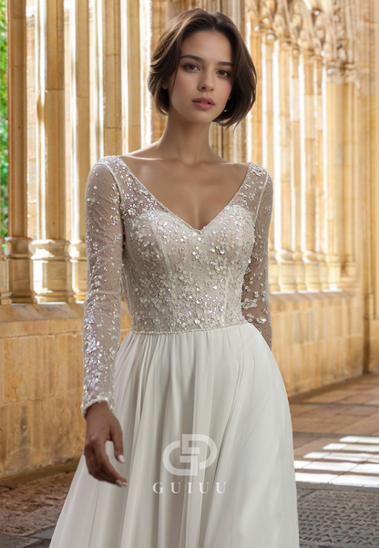 Charming Lace Long Sleeves V-Neck Backless Sequins Satin Wedding Dress