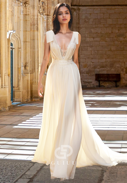 Chic Deep V-Neck Spaghetti Straps Empire-Waist Backless Sweep Train Satin Wedding Dress