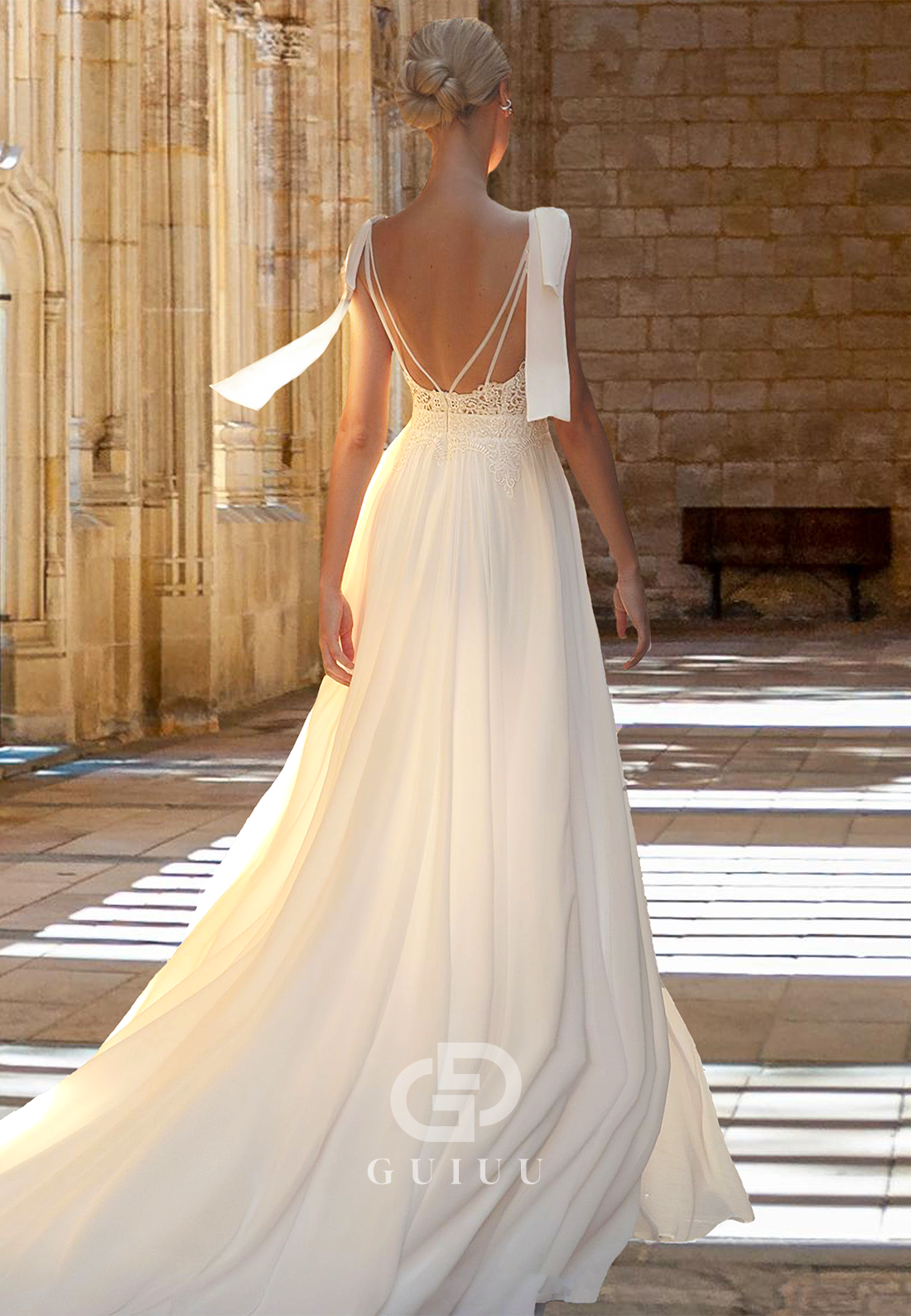 Chic Deep V-Neck Spaghetti Straps Empire-Waist Backless Sweep Train Satin Wedding Dress