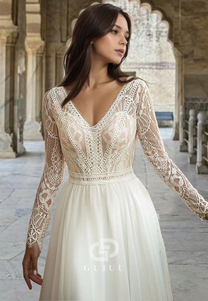 Chic V-Neck Lace Long Sleeves Empire-Waist Backless Boho Wedding Dress