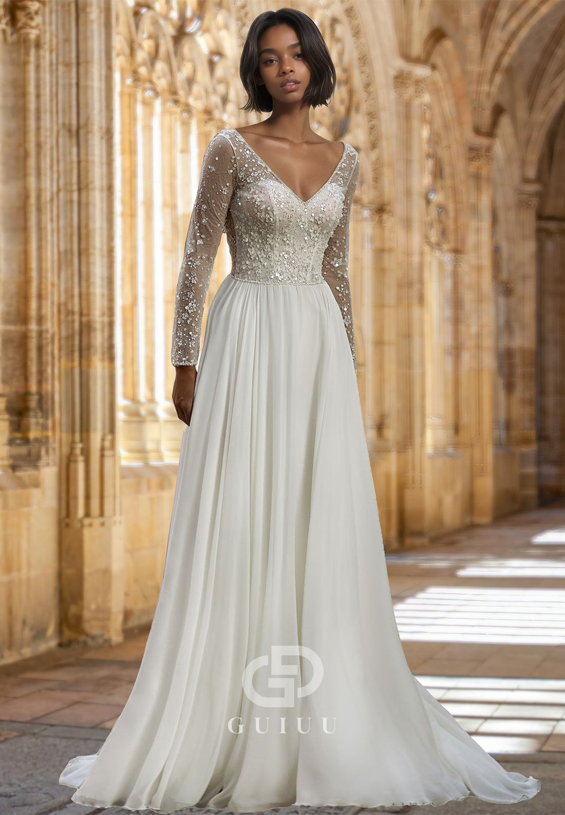 Charming Lace Long Sleeves V-Neck Backless Sequins Satin Wedding Dress