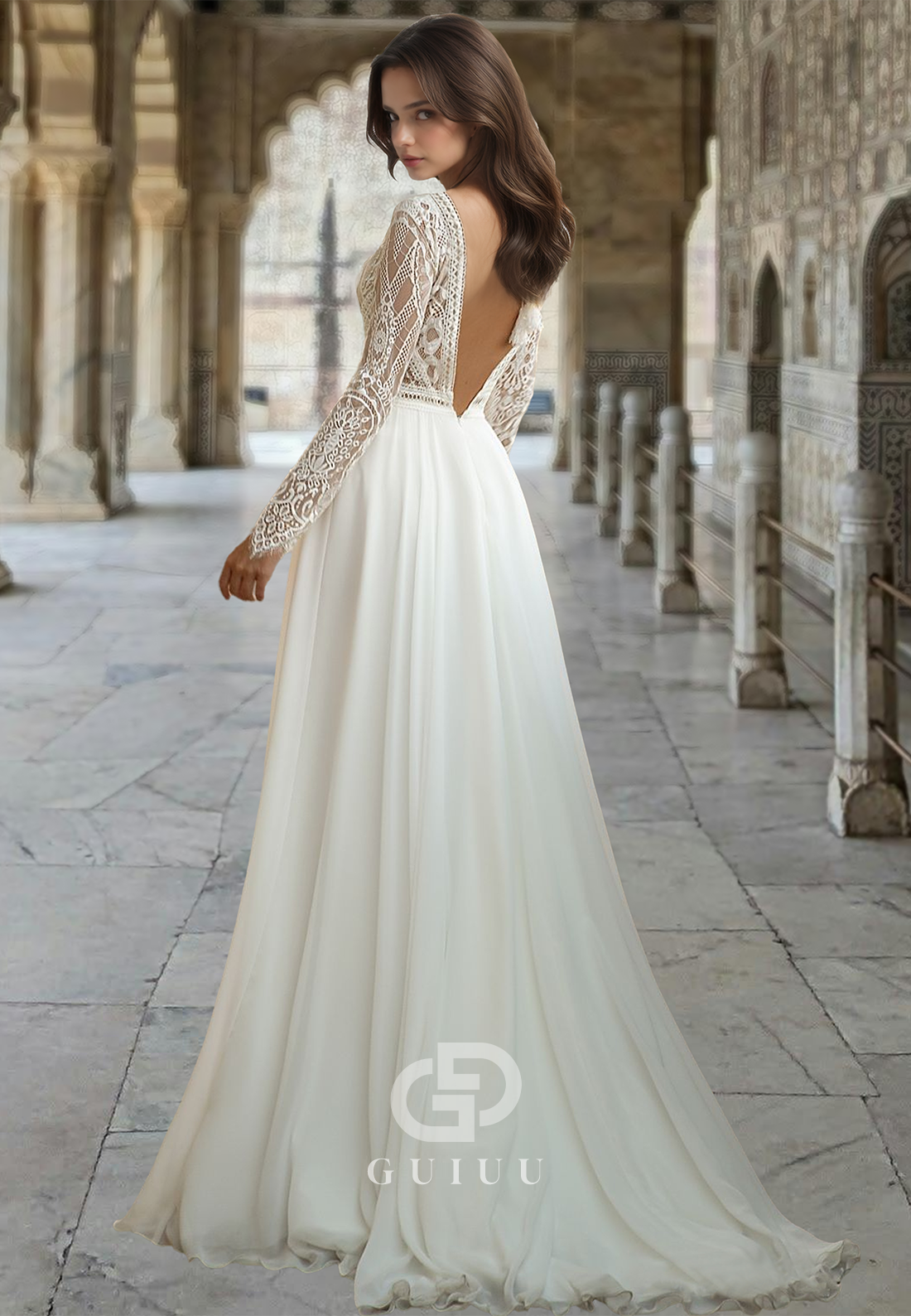 Chic V-Neck Lace Long Sleeves Empire-Waist Backless Boho Wedding Dress