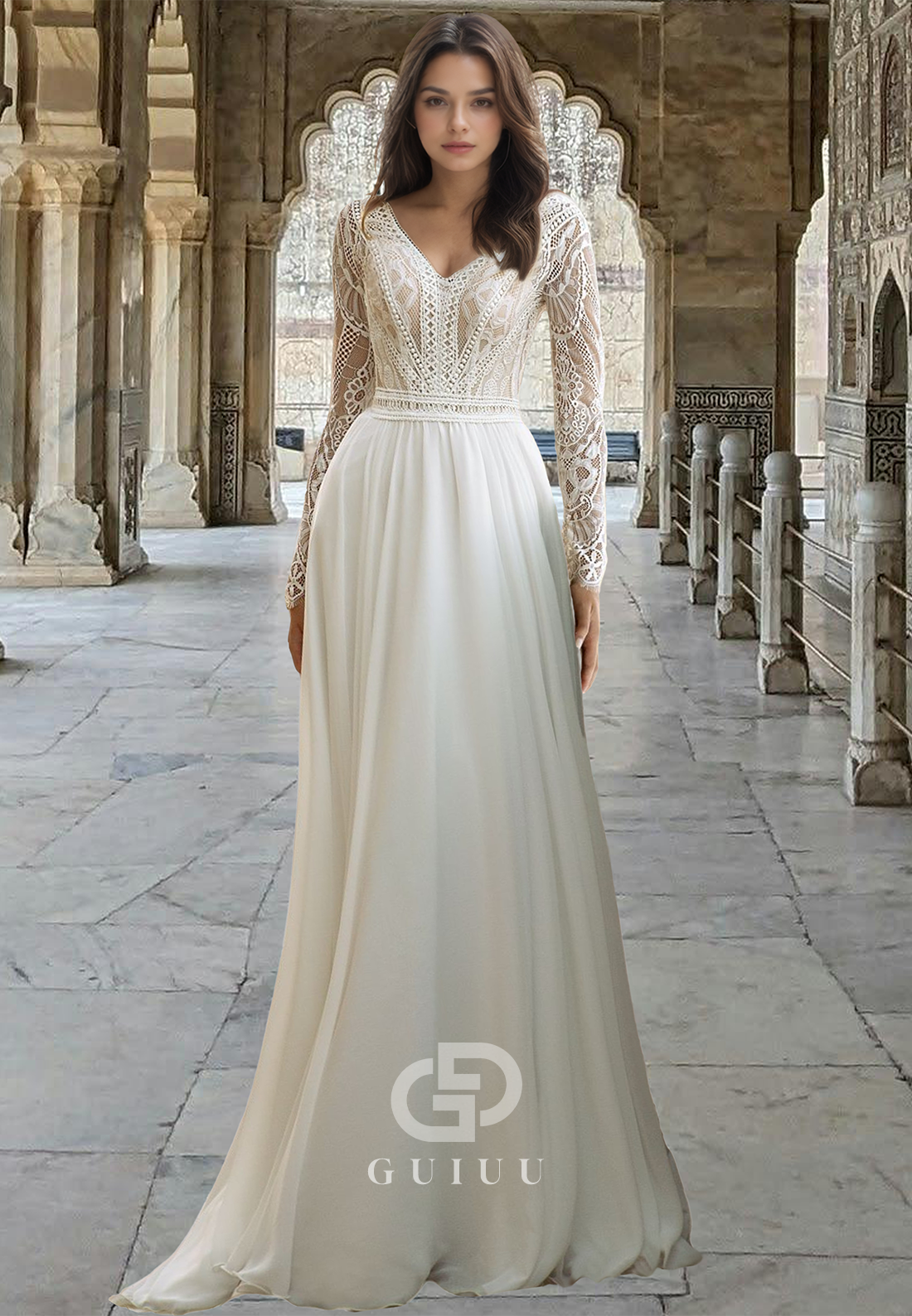 Chic V-Neck Lace Long Sleeves Empire-Waist Backless Boho Wedding Dress