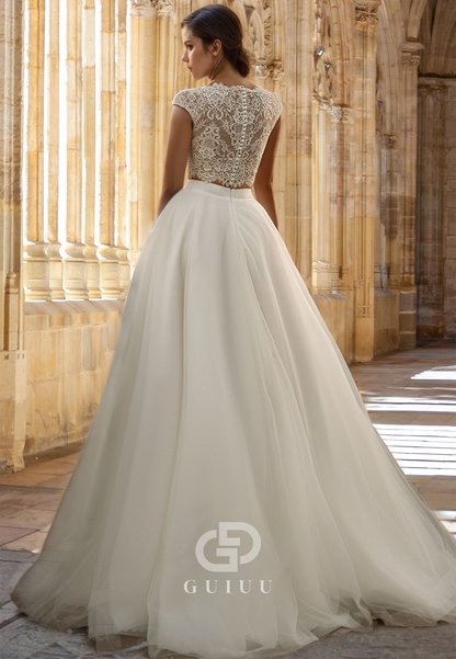 A-Line Cap Sleeves Scoop Illusion Corset Tulle Empire-Waist Lace Wedding Dress