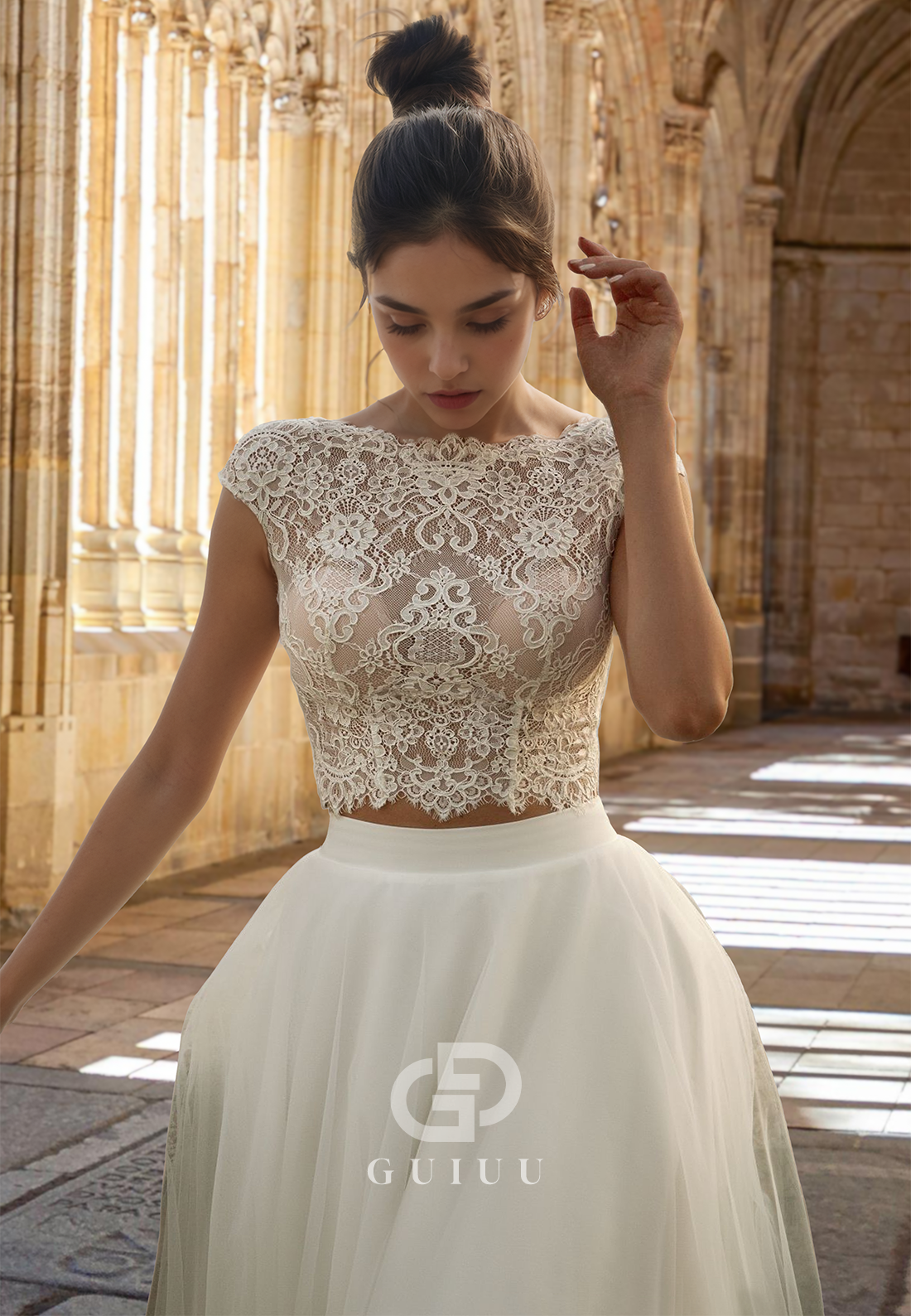 A-Line Cap Sleeves Scoop Illusion Corset Tulle Empire-Waist Lace Wedding Dress