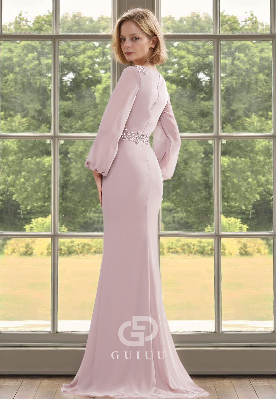 Simple A-Line Long Sleeves V-Neck Empire-Waist Floor-Length Chiffon Mother of the Bride Dress