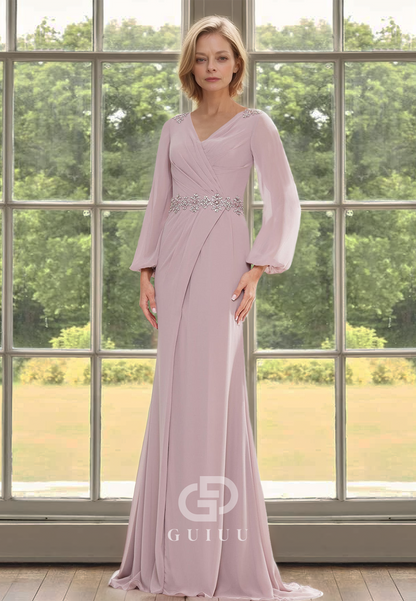 Simple A-Line Long Sleeves V-Neck Empire-Waist Floor-Length Chiffon Mother of the Bride Dress