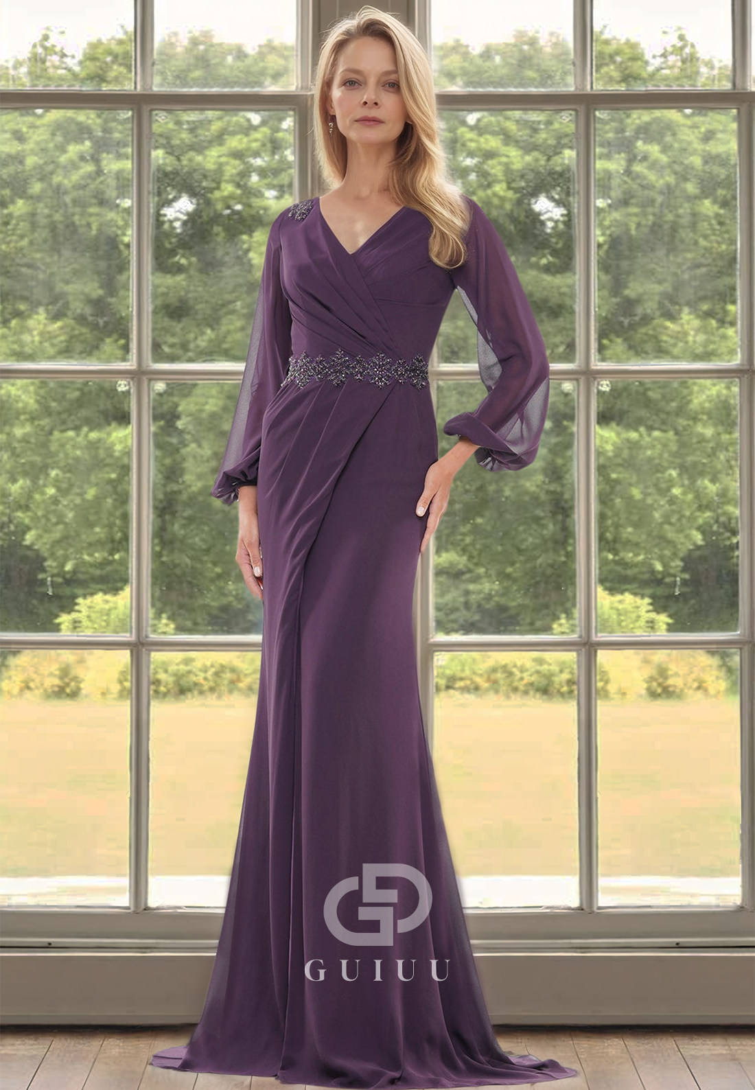 Simple A-Line Long Sleeves V-Neck Empire-Waist Floor-Length Chiffon Mother of the Bride Dress