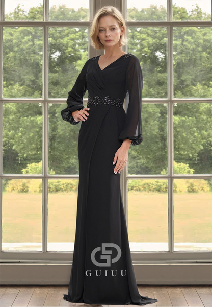 Simple A-Line Long Sleeves V-Neck Empire-Waist Floor-Length Chiffon Mother of the Bride Dress