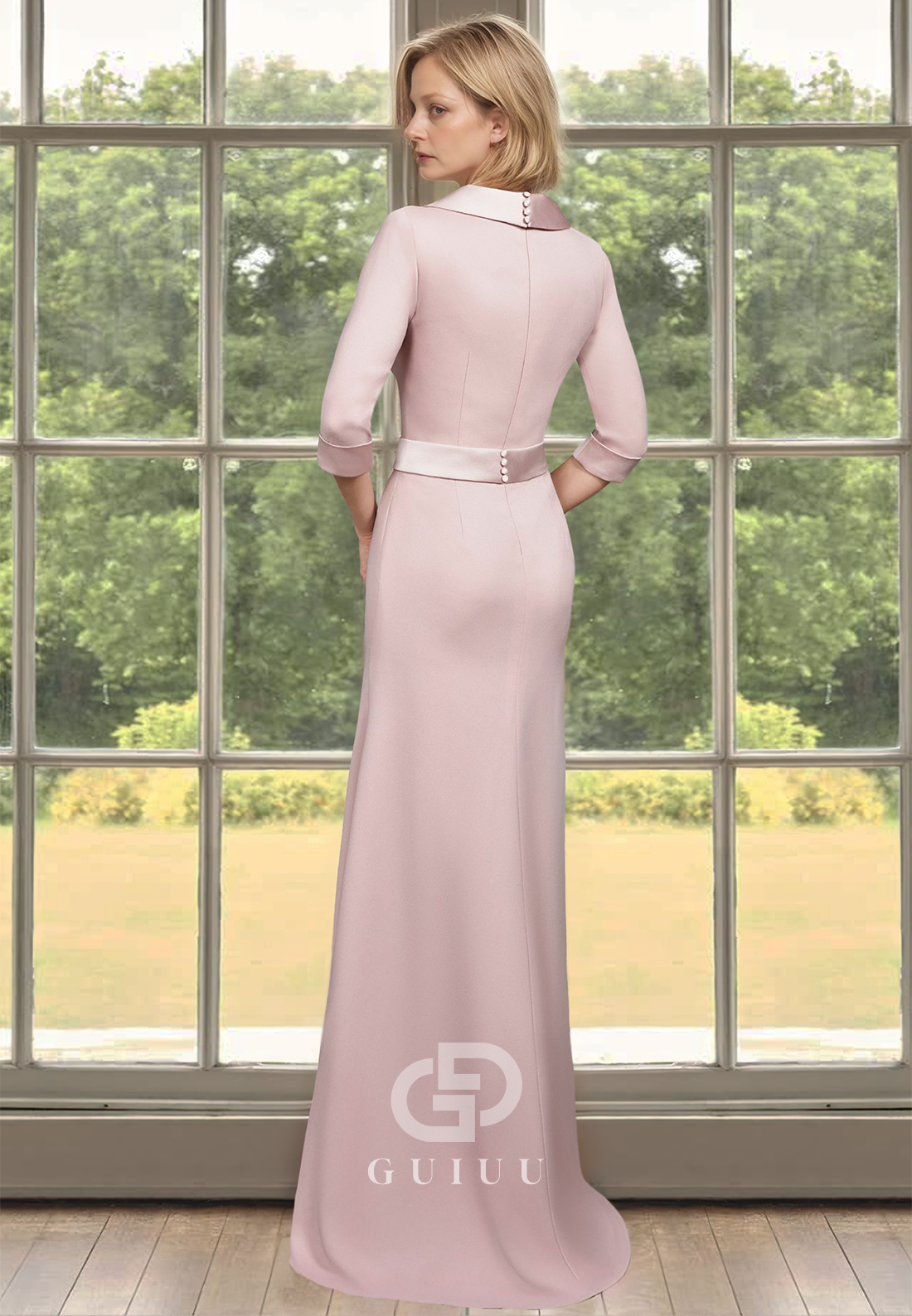 Blushing Pink A-Line Half Sleeves Scoop Empire-Waist Slit Satin Mother of the Bride Dress