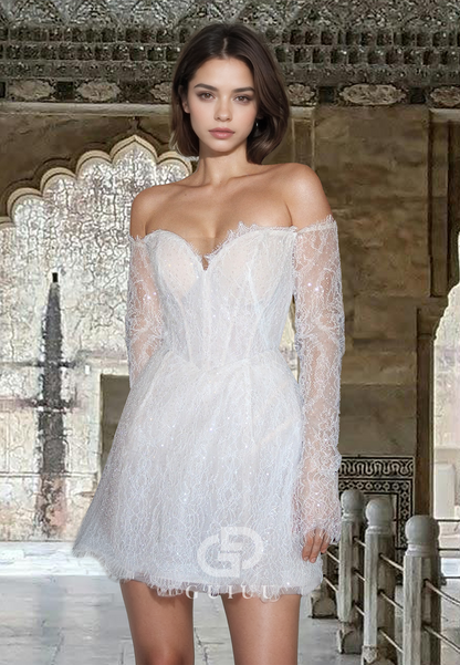 Chic Long Sleeves Off-Shoulder Appliques Corset Tulle Empire-Waist Short Lace Wedding Dress