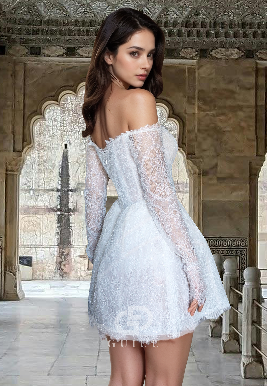 Chic Long Sleeves Off-Shoulder Appliques Corset Tulle Empire-Waist Short Lace Wedding Dress