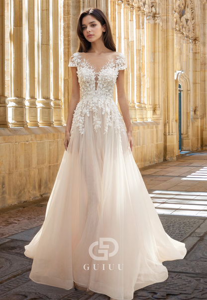 Charming A-Line Short Sleeves Sweep Train Floral Appliques Lace Wedding Dress