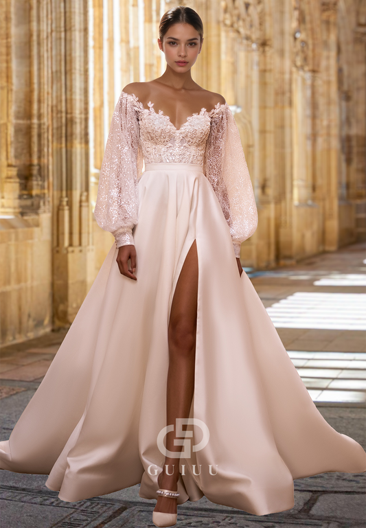 Charming Off-Shoulder Long Sleeves Corset Tulle Empire-Waist Appliques Satin Wedding Dress