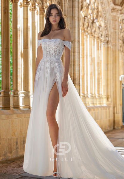 A-Line Off-Shoulder Cap Sleeves Floral Appliques Side Slit Lace Wedding Dress