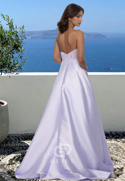 Lavender Strapless Sleeveless Corset Tulle Prom Dress with Train Evening Party Dress