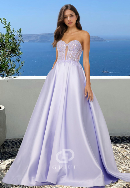 Lavender Strapless Sleeveless Corset Tulle Prom Dress with Train Evening Party Dress