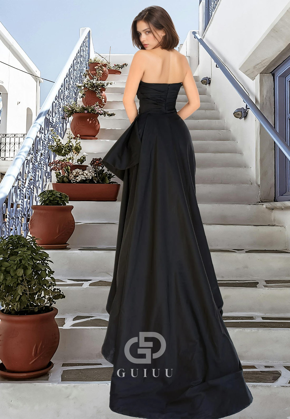 Simple Strapless Sleeveless Prom Dress with Slit Sweep Train Ruched Evening Party Dress