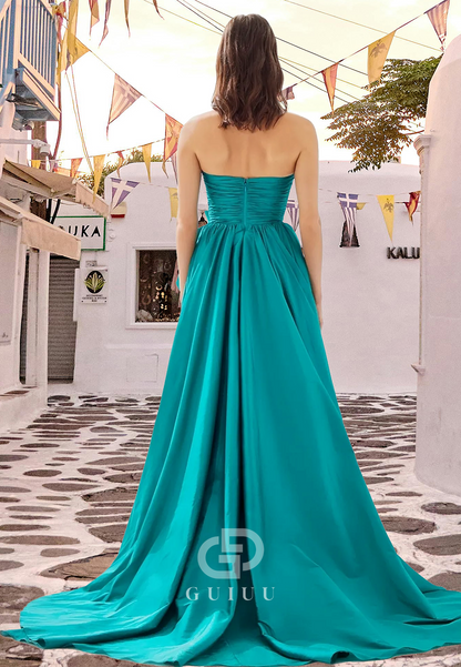 Elegant A-Line Strapless Sleeveless Prom Dress with Slit Ruched Evening Party Dress