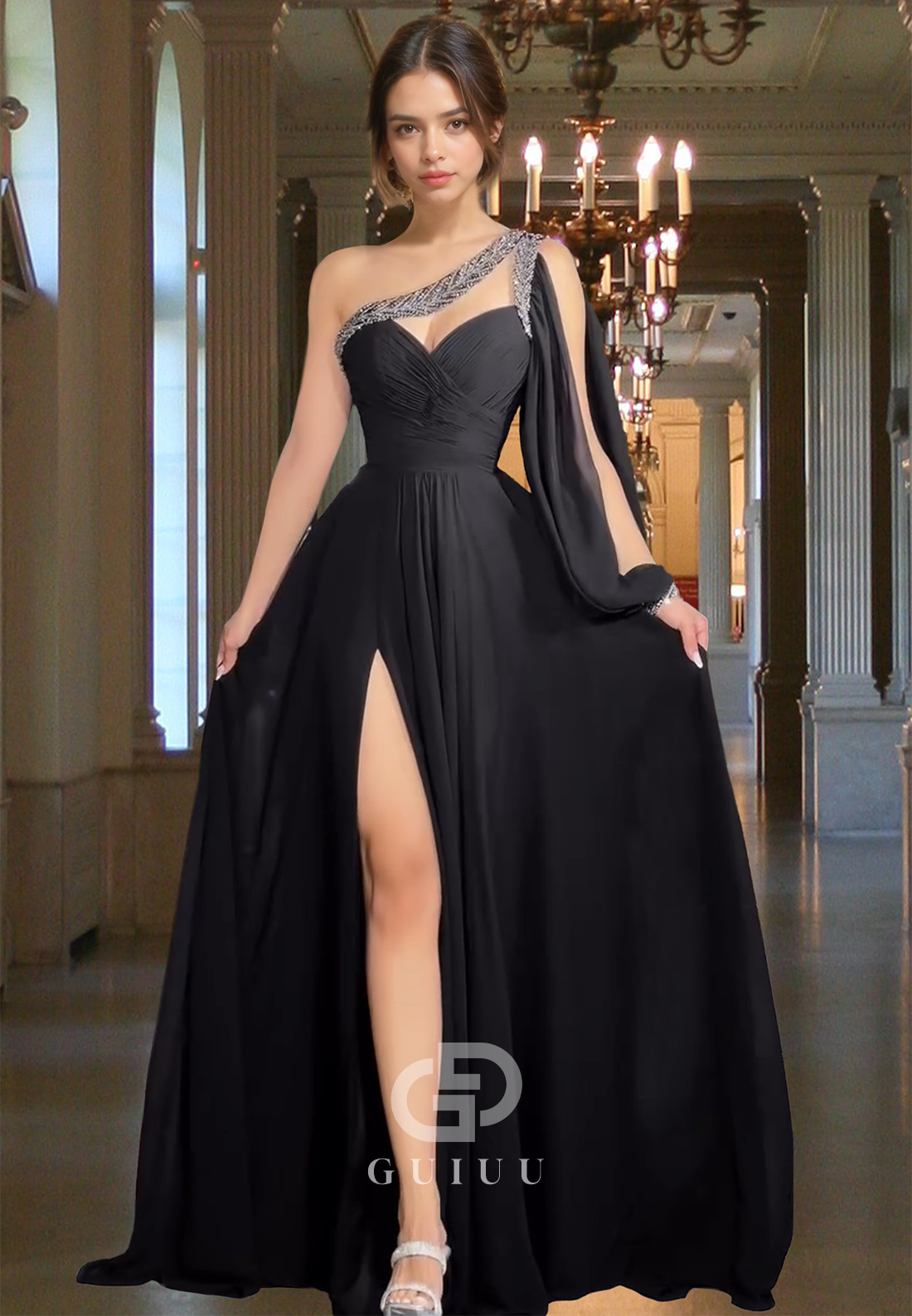 Chic A-Line One Shoulder Long Sleeves with Train Empire-Waist Evening Party Dress