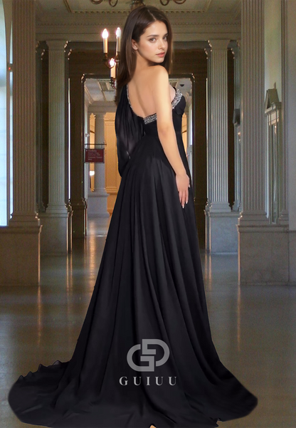 Chic A-Line One Shoulder Long Sleeves with Train Empire-Waist Evening Party Dress