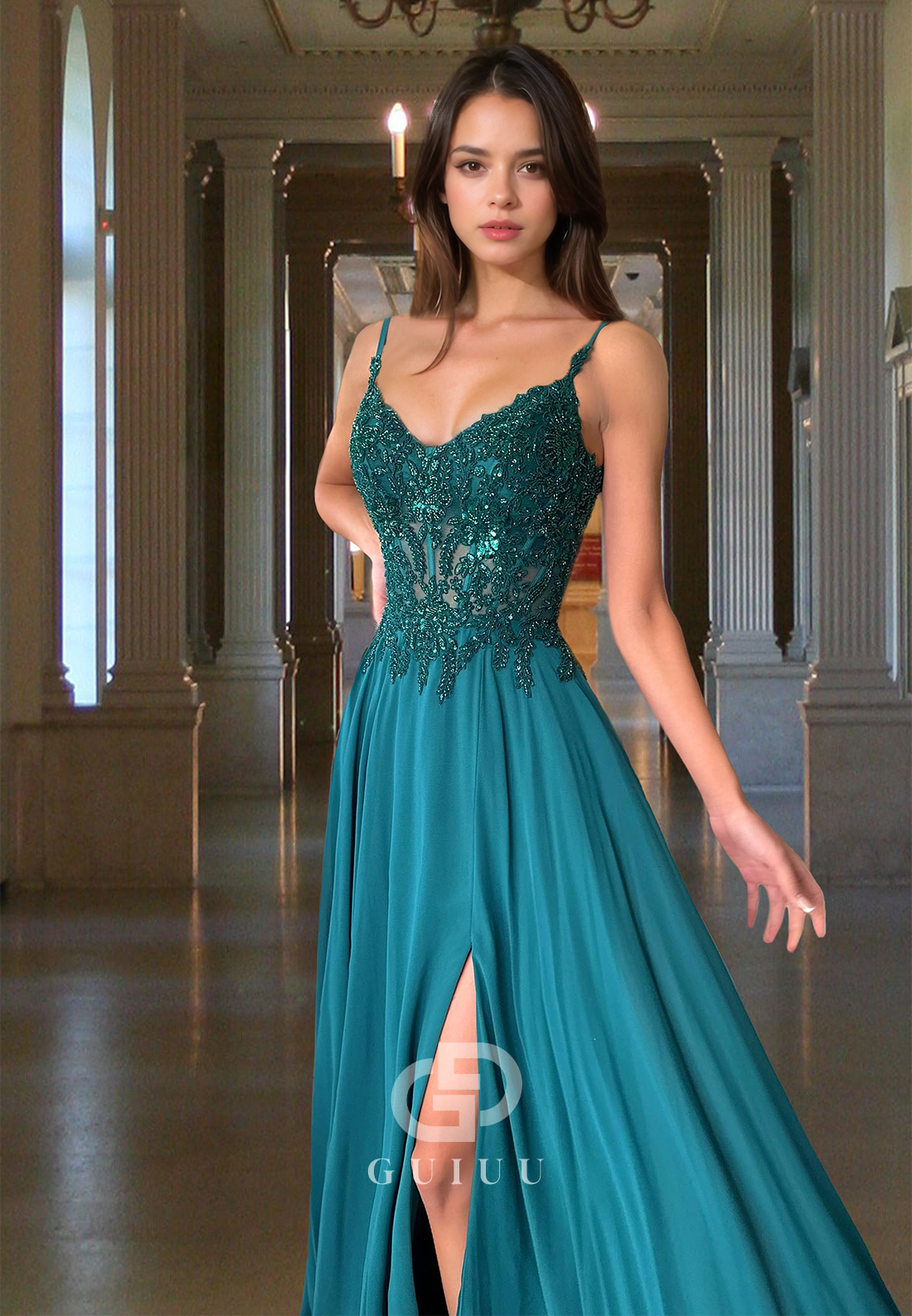 Peacock Spaghetti Straps V-Neck Prom Dress with Clit Corset Tulle Evening Party Dress