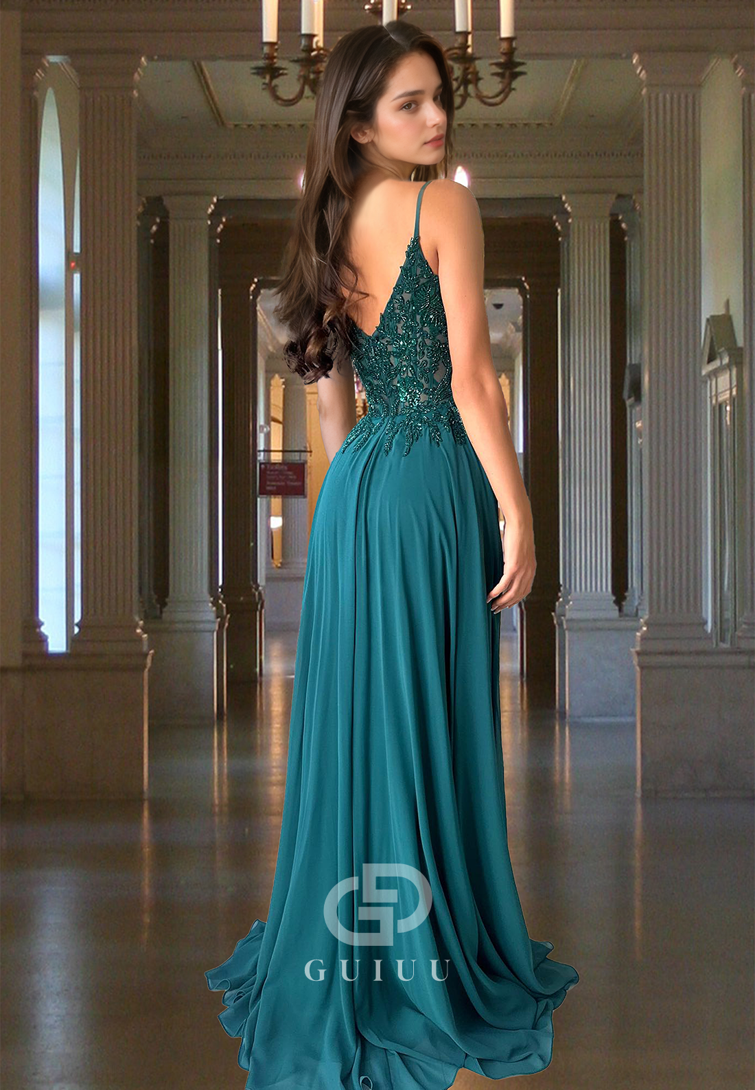 Peacock Spaghetti Straps V-Neck Prom Dress with Clit Corset Tulle Evening Party Dress