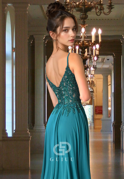 Peacock Spaghetti Straps V-Neck Prom Dress with Clit Corset Tulle Evening Party Dress