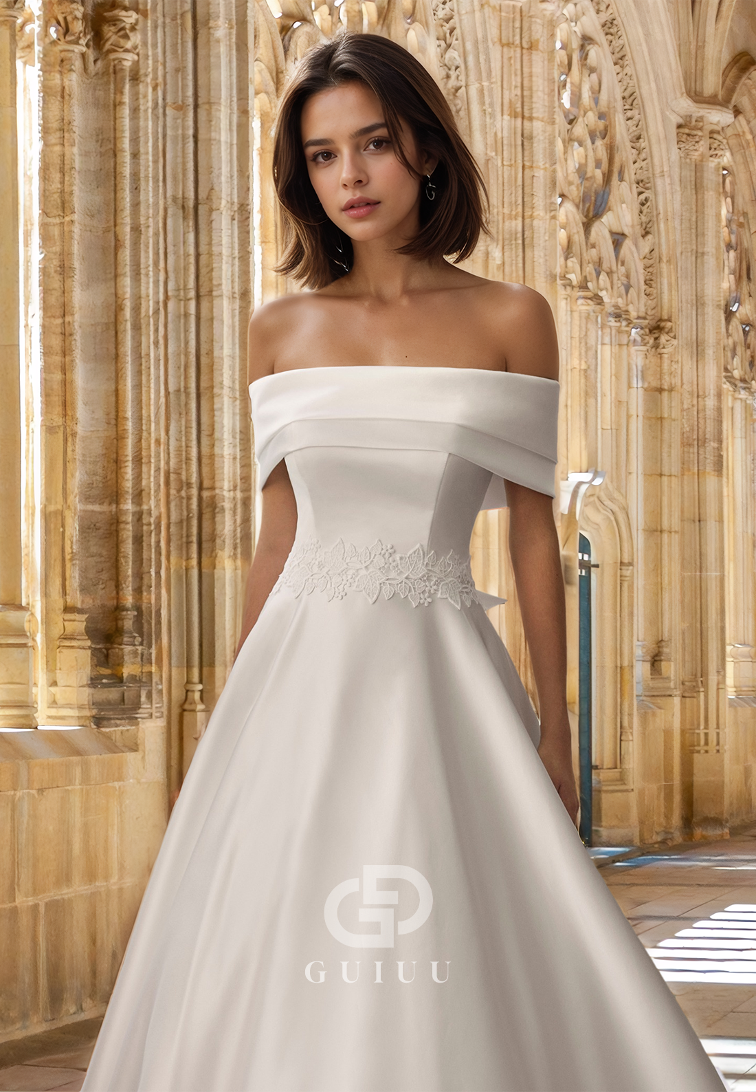 Simple A-Line Off-Shoulder Cap Sleeves Empire-Waist Court Train Satin Wedding Dress