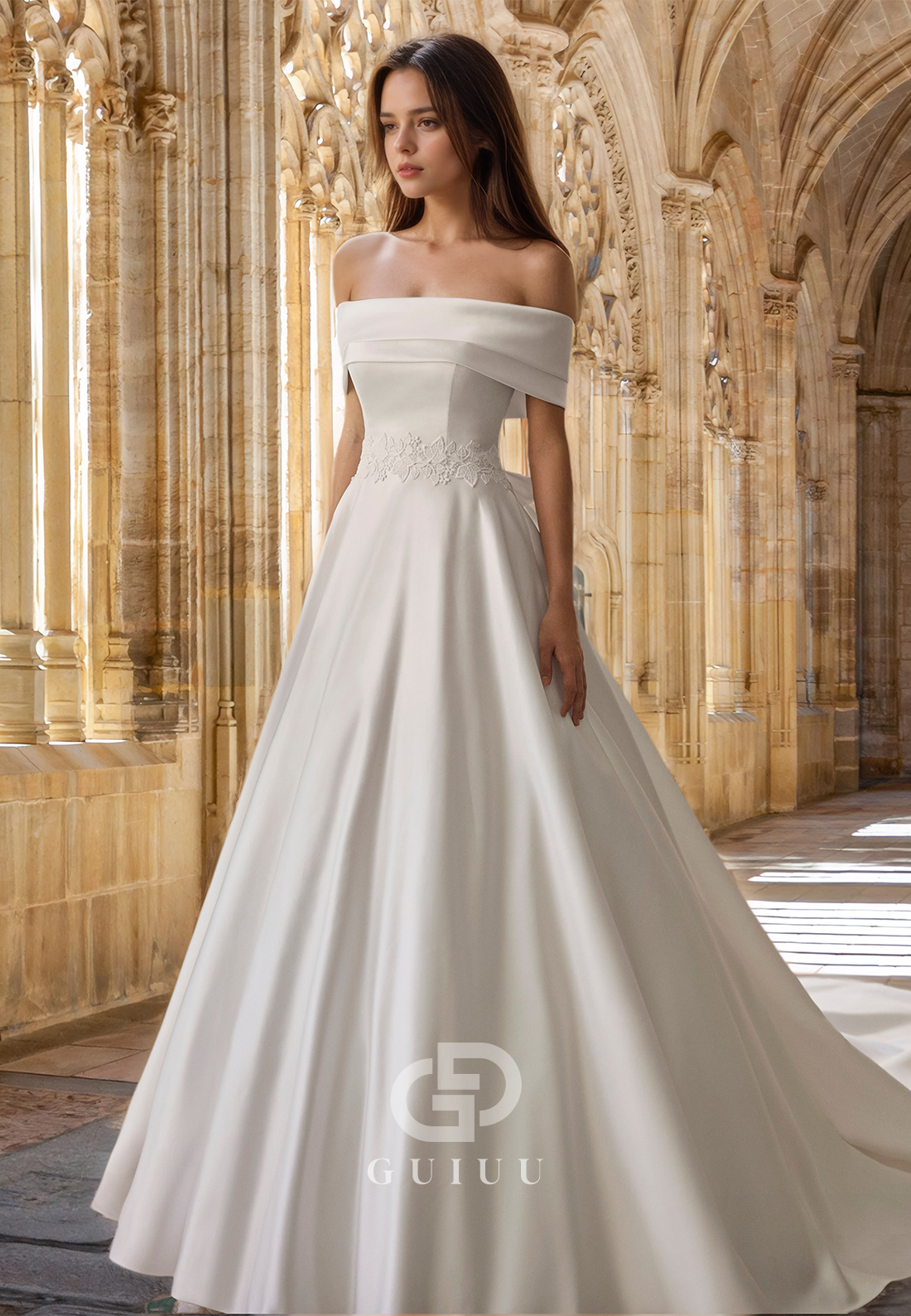 Simple A-Line Off-Shoulder Cap Sleeves Empire-Waist Court Train Satin Wedding Dress