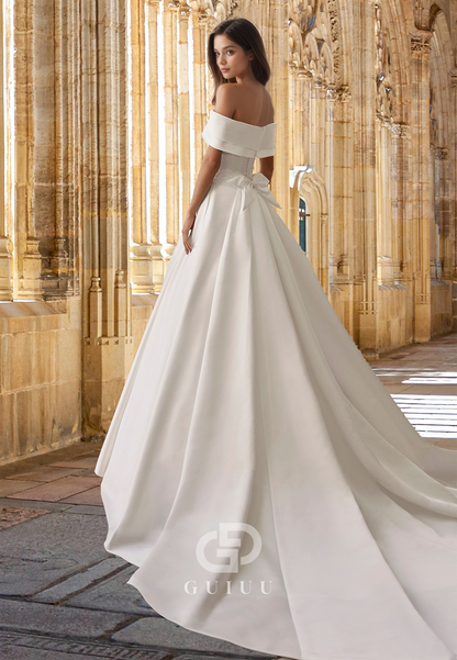 Simple A-Line Off-Shoulder Cap Sleeves Empire-Waist Court Train Satin Wedding Dress