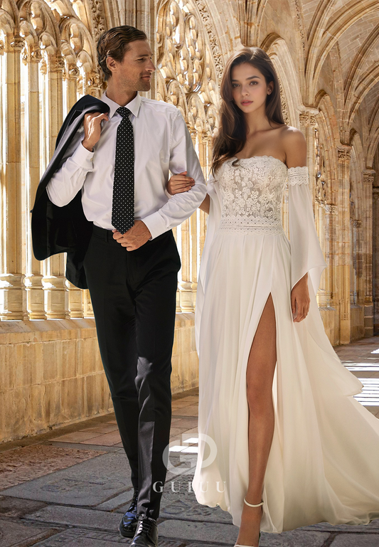 Chic A-Line Off-Shoulder Long Sleeves Slit Corset Tulle Sweep Train Satin Wedding Dress