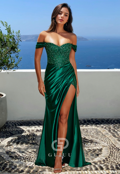 Dark Green Off-Shoulder Cap Sleeves Prom Dress with Slit Ruched Evening Party Dress