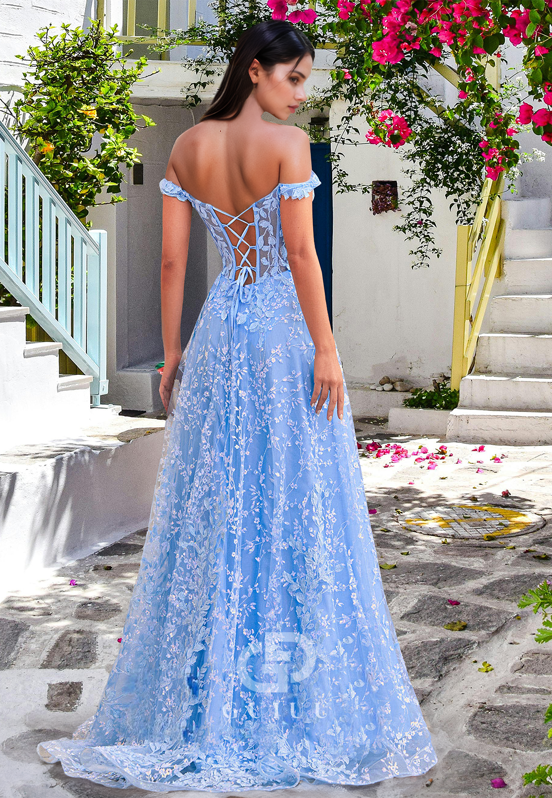 Sky Blue Sweetheart Cap Sleeves Prom Dress with Slit Appliques Corset Evening Party Dress