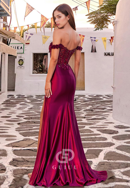 Burgundy Sheath Off-Shoulder Prom Dress with Slit Corset Tulle Evening Party Dress