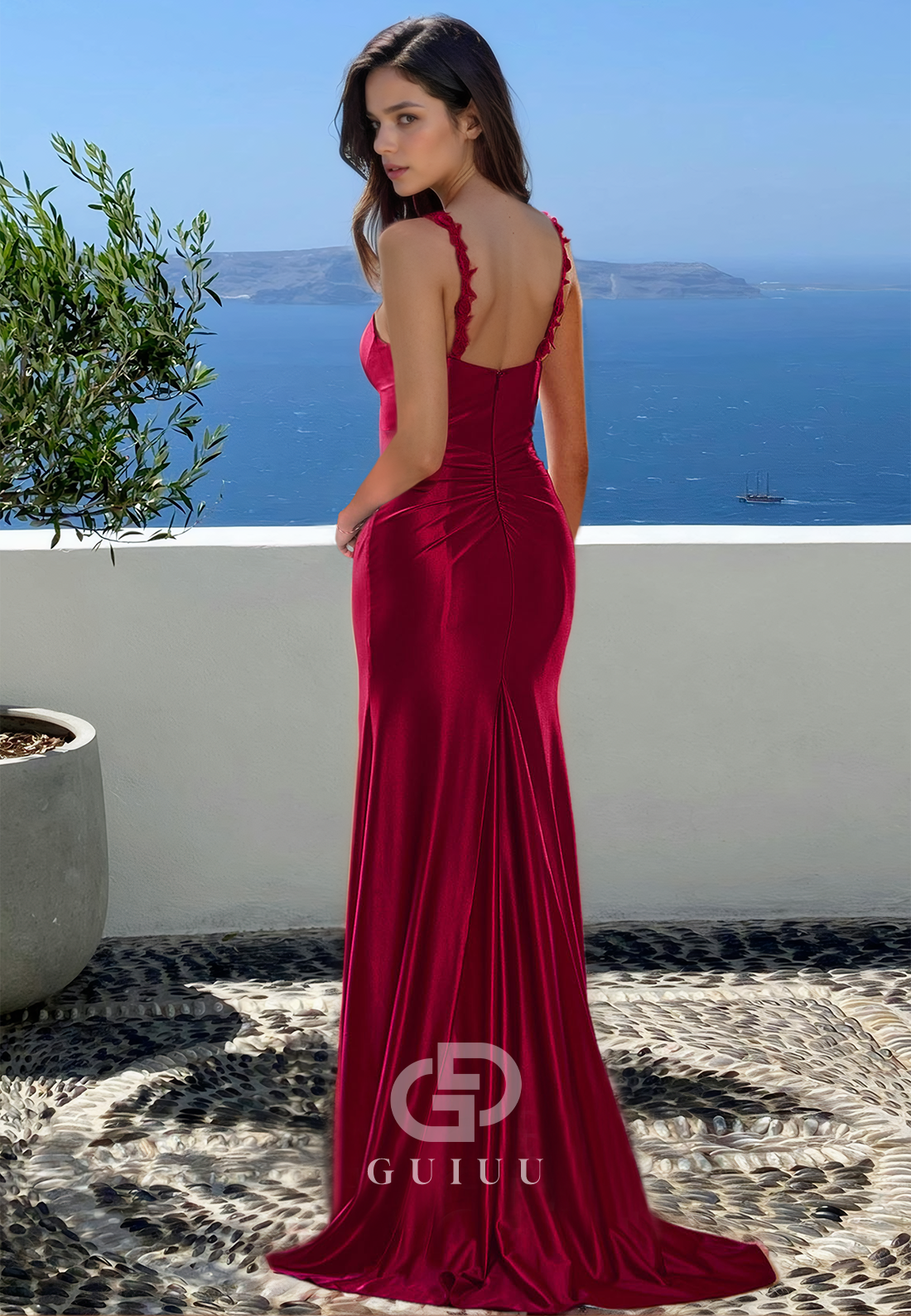 Fuchsia Sheath Sweetheart Cap Sleeves Prom Dress with Slit Ruched Evening Party Dress