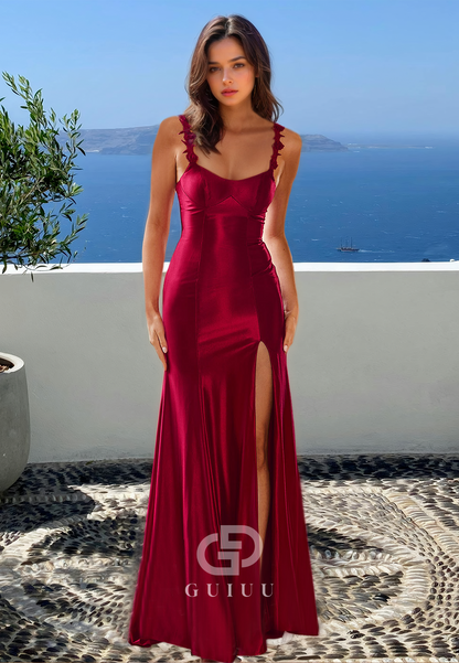 Fuchsia Sheath Sweetheart Cap Sleeves Prom Dress with Slit Ruched Evening Party Dress