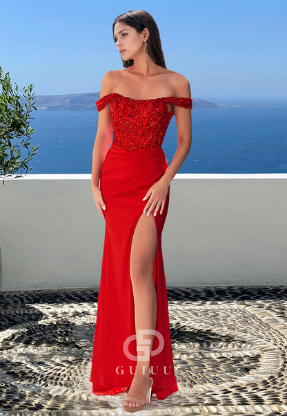 Sheath Off-Shoulder Cap Sleeves Prom Dress with Sequins Slit Evening Party Dress