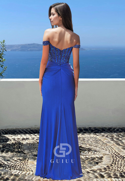 Sheath Off-Shoulder Cap Sleeves Prom Dress with Sequins Slit Evening Party Dress