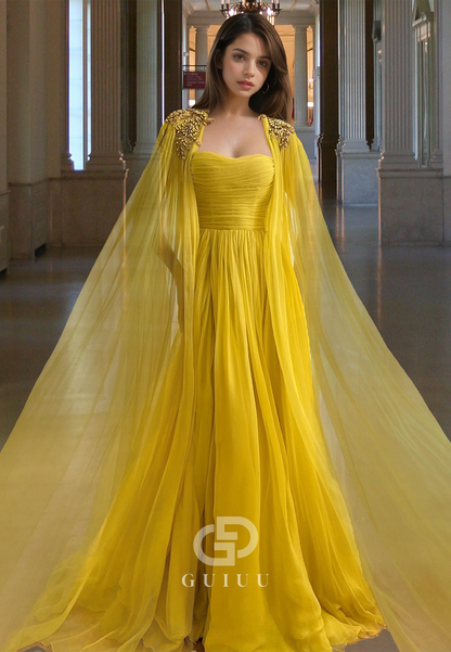 Yellow A-Line Cap Sleeves Sweetheart Prom Dress with Beads Slit Evening Party Dress