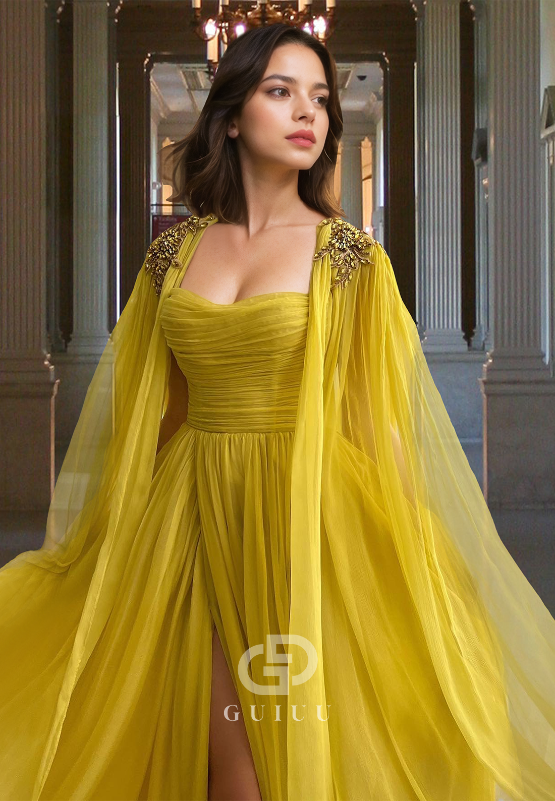 Yellow A-Line Cap Sleeves Sweetheart Prom Dress with Beads Slit Evening Party Dress